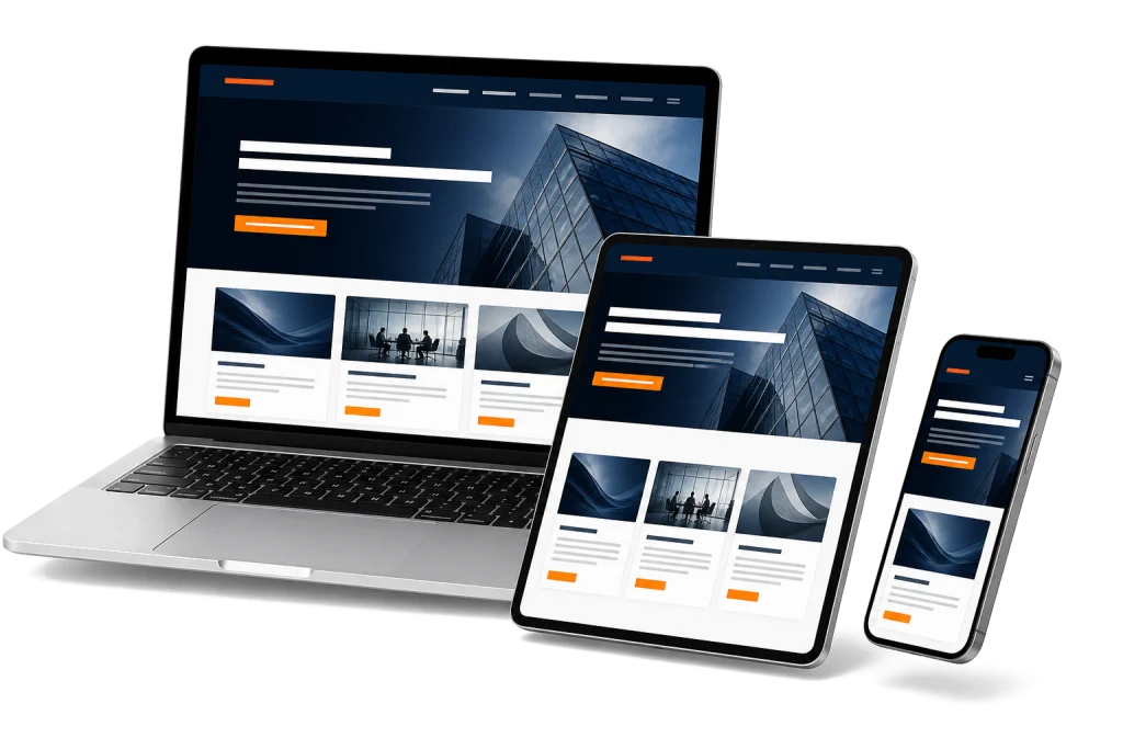 Kartvizit Sayfa tarafından tasarlanan kurumsal web sitesinin dizüstü bilgisayar, tablet ve telefondaki mobil uyumlu görünümü