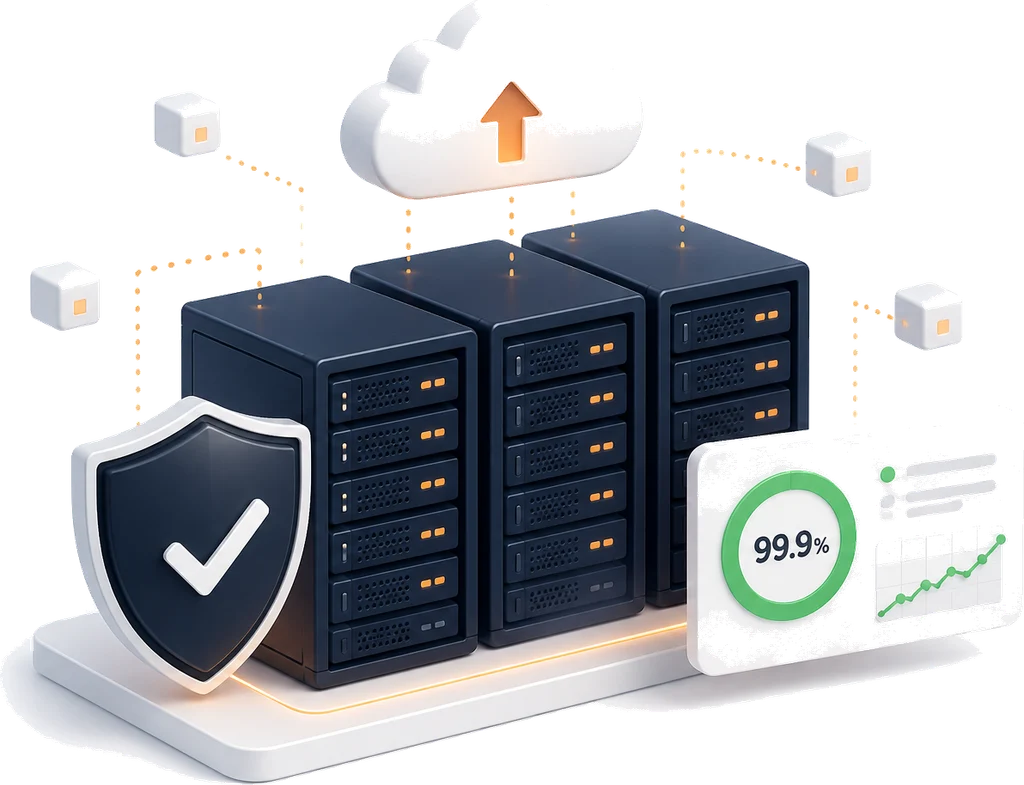 Bulut, sunucu rafları, güvenlik kalkanı ve %99.9 çalışma süresi göstergesiyle hosting altyapısı