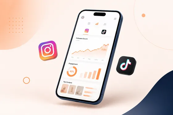 Sosyal medya performans paneli ve telefon mockup görseli