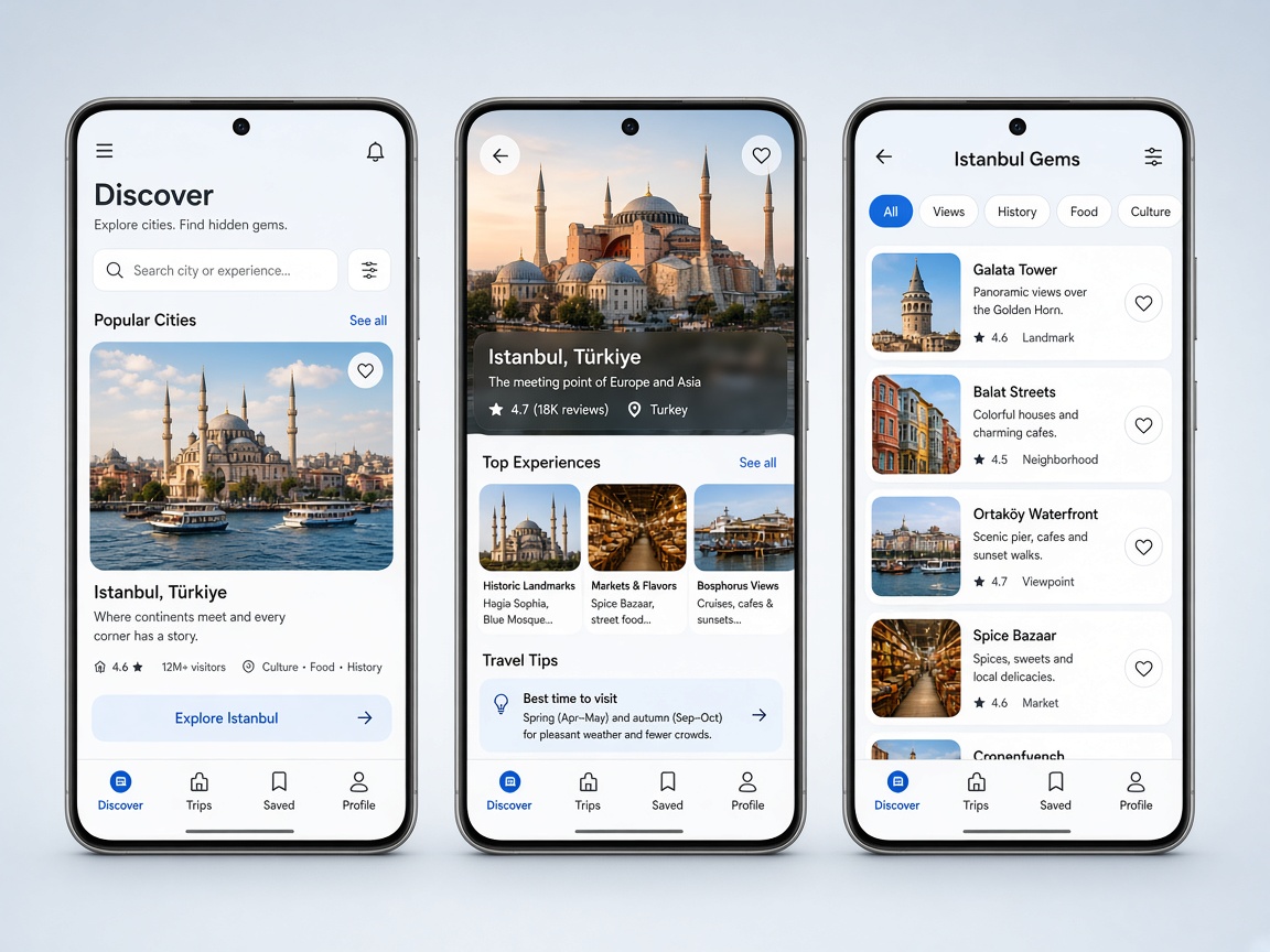 Üç dik Android telefonda seyahat keşif uygulaması arayüzleri