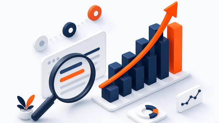Yükselen grafik ve büyüteçle SEO performans analizi